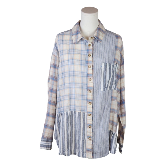 Umgee USA Patchwork Plaid Striped Button Down Shirt Ruffle Hem Size Large - Picture 1 of 7